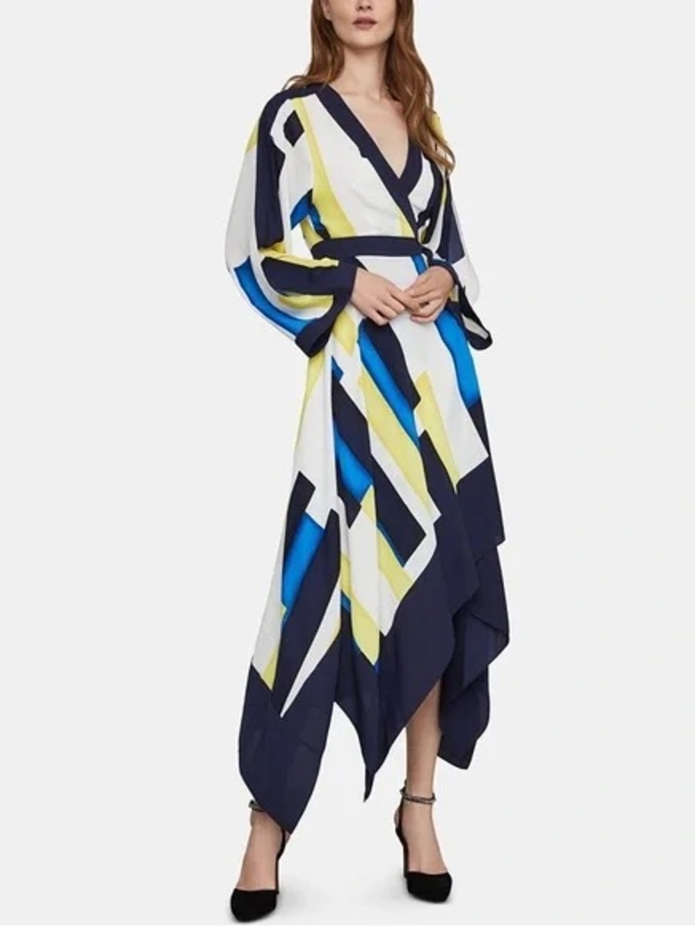 BCBGMaxAzria Navy, White, Blue & Yellow Color Blocked Handkerchief Wrap Dress